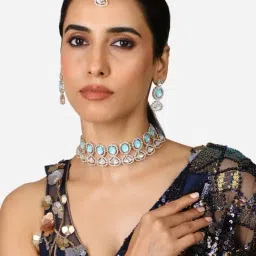 Zaveri Pearls Turquoise Stones & Austrian Diamonds Choker Necklace Earring Maangtikka Set-ZPFK17309-picture-17