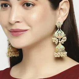 OOMPH Jewellery Green & Pink Meenakari Enamel & Kundan Ethnic Long Jhumki image 2
