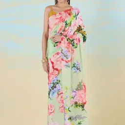 navyasa by liva Fresh Green & Pink Floral Print Saree With Unstitched Blouse-image-30