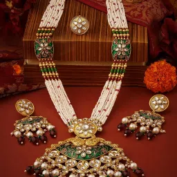 Zaveri Pearls Green Pink Meenakari Multistrand Necklace Earring Ring Set-ZPFK17586 image 2