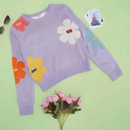 Pantaloons Junior Girls Pastel Lilac Floral Full Sleeves Sweaters & Cardigans-picture-11