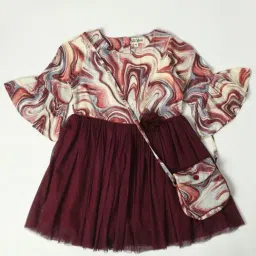 Bella Moda Kids Maroon & Cream Printed Fit & Flare Dress with Bag-image-2