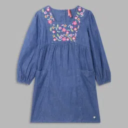 Blue Giraffe Kids Blue Cotton Embroidered Full Sleeves Dress-image-24
