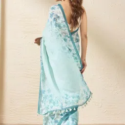 Taneira Blue Linen Printed Saree With Unstitched Blouse image 2