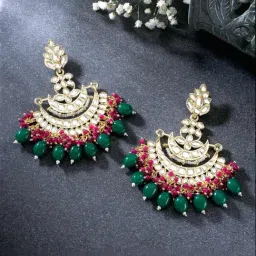Peora Gold Plated Green Red Kundan Pearl Studded Chand Bali Earrings-picture-27