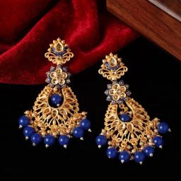 Panash Gold Toned & Blue Handcrafted Crescent Shaped Dangler Earrings-picture-16
