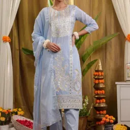 SCAKHI Blue Cotton Gota & Mirror Work Kurta and Pant With Dupatta-picture-22