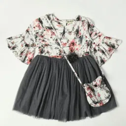 Bella Moda Kids White & Grey Printed Fit & Flare Dress with Bag-image-17
