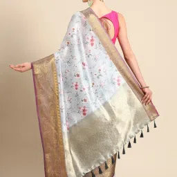 Silk Land Grey Silk Floral Saree With Unstitched Blouse image 2