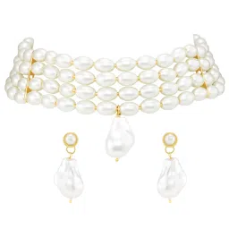 Peora Gold Plated White Pearl Choker Necklace with Drop Earrings Stylish Set image 2