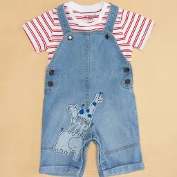 Pantaloons Baby Blue & White Cotton Striped Dungaree Set image 2