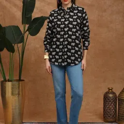 Globus Women Black Collared Neck Cuffed Sleeves Tribal Print Shirt Style Fusion Wear Tunic image 4