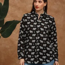 Globus Women Black Collared Neck Cuffed Sleeves Tribal Print Shirt Style Fusion Wear Tunic-image-60