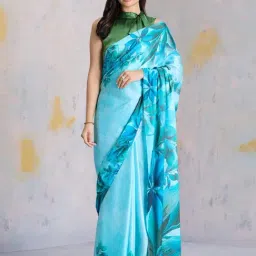 navyasa by liva Blue Printed Saree With Unstitched Blouse-picture-23