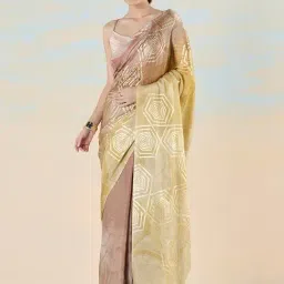 navyasa by liva Soil Brown & Yellow Printed Saree With Unstitched Blouse-image-1