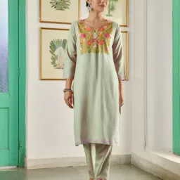 House Of Chikankari Beige Cotton Straight Fit Aari Kurta Set-image-2