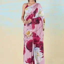 navyasa by liva Pink & Red Floral Print Saree With Unstitched Blouse-image-84