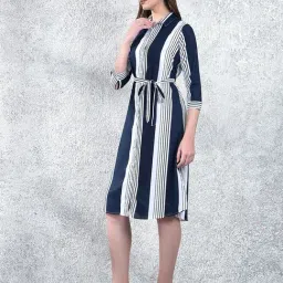 Crimsoune Club Navy Blue Striped Three-Quarter Sleeves Dress With Belt image 4