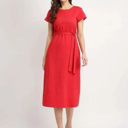 Fablestreet Red Cotton Knit A-Line Dress-picture-2