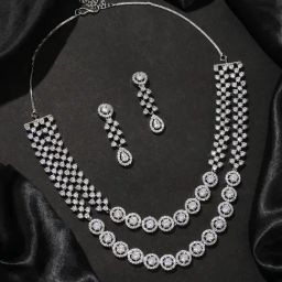 Voylla Silver Sparkling Essential Stunning Layered American Diamond Necklace & Earring Set-picture-3