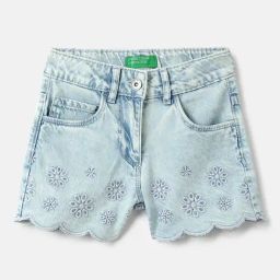 United Colors Of Benetton Girls Blue Cotton Regular Fit Embroidered Shorts-picture-13