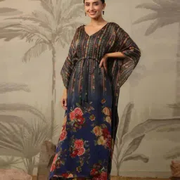 SCAKHI Navy Satin Floral Print Asymmetric Kaftan With Cotton Slip-picture-10