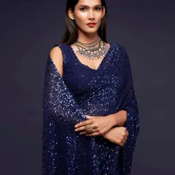 Odette Blue Embellished Saree With Unstitched Blouse image 4