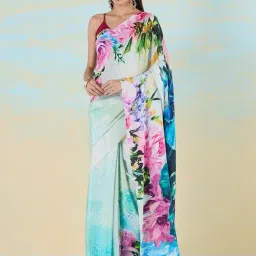 navyasa by liva Blue & Pink Floral Print Saree With Unstitched Blouse-picture-22