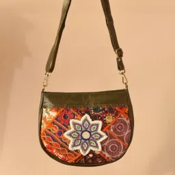 Jaypore Olive Green Embroidered Medium Leather Cross Body Bag-picture-25