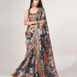 Odette Blue Printed Saree With Unstitched Blouse-picture-14