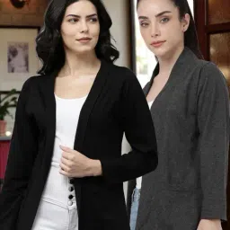 Kryptic Black and Charcoal Melange Cotton Solid Open Front Shrug with Pockets, Pack of 2-picture-44