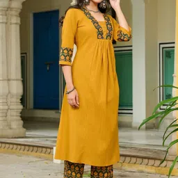 Kaftanize Women Mustard Colour Embellished Yoke With Gather Kurta Set image 2