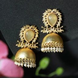 Aatmana Gold-Plated & Yellow stone studded Dome-Shaped White Beaded Jhumki Earrings-picture-28