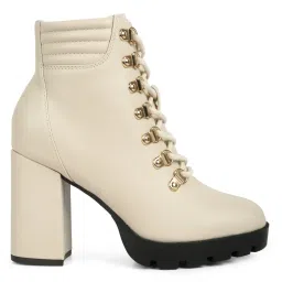 London Rag Beige Lace Up Block Heel Boots image 2