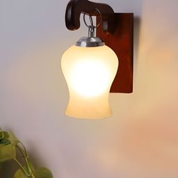 Devansh White & Brown Textured Bell Shaped Wooden Wall Lamp-image-0