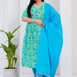 SAK JAIPUR Women Floral Printed Regular Pure Cotton Kurta with Palazzos & With Dupatta image 4