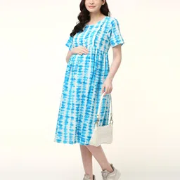 Bella Mama Woven Half Sleeves Maternity Nursing Tie Dye Dress Blue-picture-23