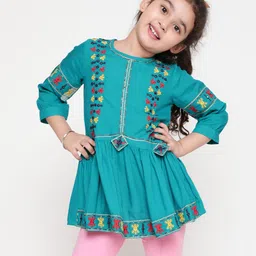 ISHTI Three Fourth Sleeves Mirror Work & Floral Embroidered Detailed Top - Blue-picture-17