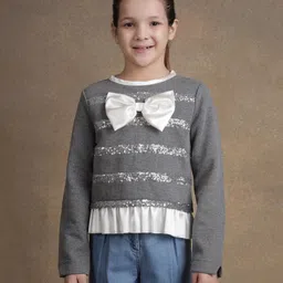 One Friday Knitted Full Sleeves Bow Applique Detailed & Sequin Embellished Top - Grey-picture-21
