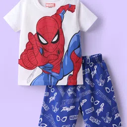 Babyhug Marvel Single Jersey Knit Half Sleeves Shorts Night Suit With Spider-Man Graphic - White & Blue-image-69