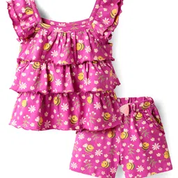 Babyhug Single Jersey Knit Frill Sleeves Co-ords Layered Top & Shorts Set with Floral Print & Bow Applique - Dark Pink-picture-10