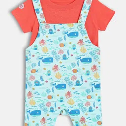 MINI KLUB Cotton Sea Life Theme Printed Dungaree With Half Sleeves Patch Detailed Tee - Multi Colour image 1