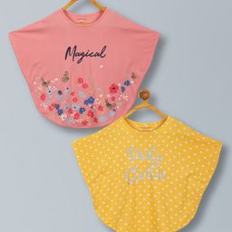 Plum Tree Viscose Pack Of 2 Half Batwing Sleeves Magical & Party Starter Text Printed Poncho Tops - Coral & Yellow-picture-40