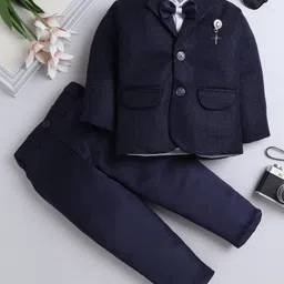 Fourfolds Full Sleeves Abstract Foil Printed 3 Piece Party Suit Set With Bow - Navy Blue-picture-10