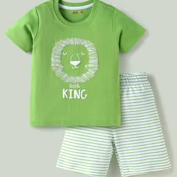 Kookie Kids Cotton Jersey Knit Half Sleeves Shorts Night Suit With Lion Print - Green-image-44