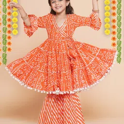 Bitiya By Bhama Cotton Woven Three Fourth Sleeves Bandhani Printed Gota Lace Embellished Anarkali Style Kurta & Sharara Set - Orange-picture-14
