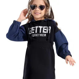 OLLINGTON ST. Cotton Knit Denim Color Blocked Full Sleeves Winter Frock With Text Print - Indigo & Black-picture-26