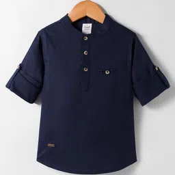 Simply Premium Cotton Woven Full Sleeves Mandarin Collar Solid Kurta Style Shirt - Navy Blue-picture-11