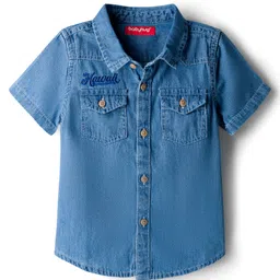 Babyhug Cotton Woven Half Sleeves Denim Washed Shirt With Text Embriodery - Blue-picture-27