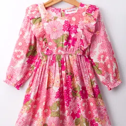 kookie kids india Kookie Kids Woven Full Sleeves Frock With Floral Print & Frill Detailing - Pink-picture-12